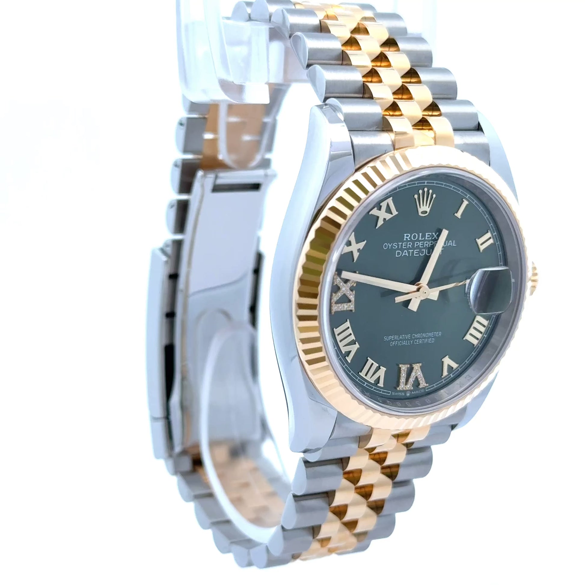 126233, Green Roman Numeral Diamond Dial 36mm Date-Just Rolex, Two Tone Yellow Gold and Stainless Steel Rolex. 