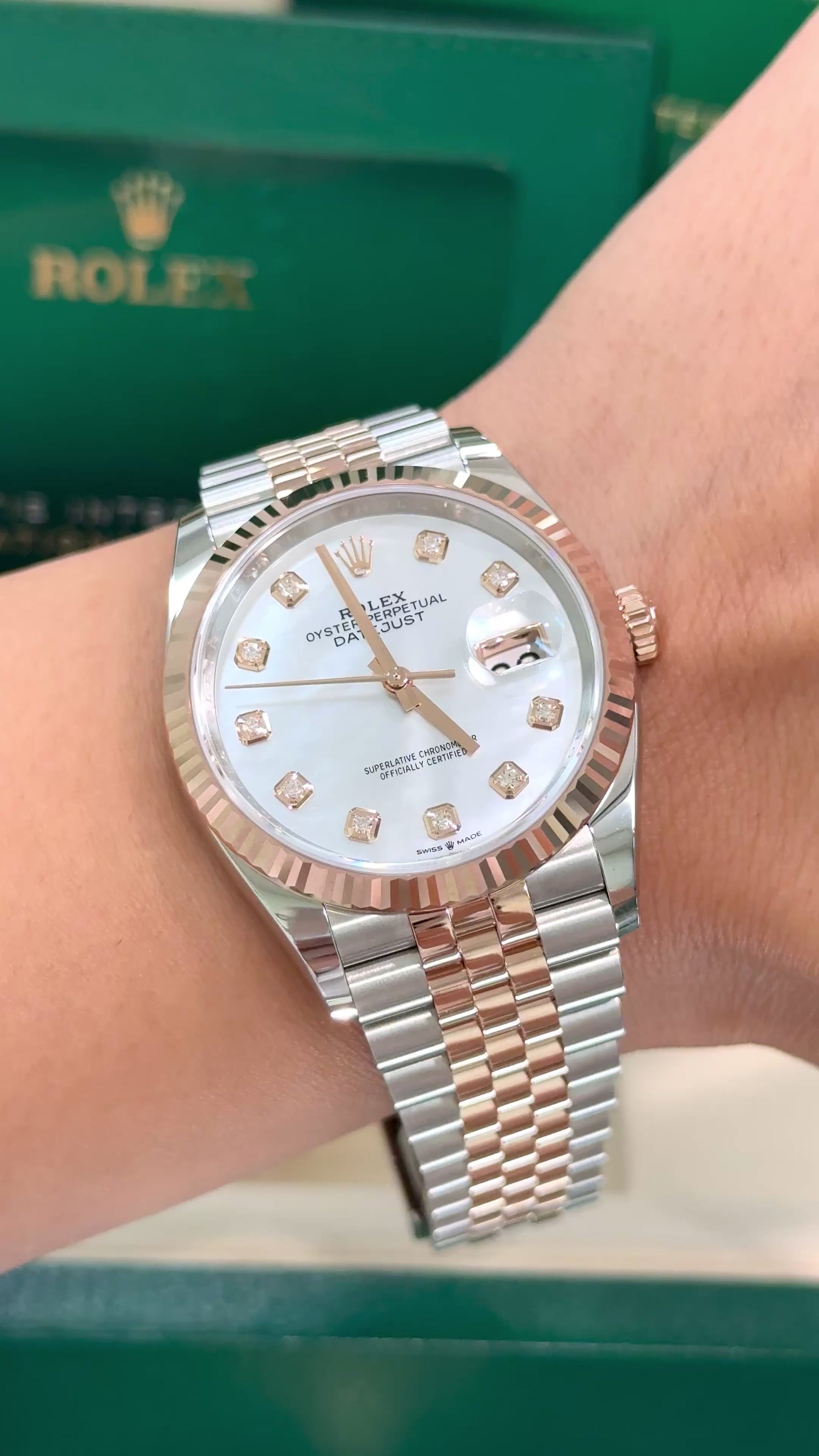 Rolex Datejust 36MM 126231 Jubilee Steel & 18K Rose Gold MOP Diamond Dial, Two tone Rolex with jubilee band and fluted bezel and mother of pearl diamond dial new 2026 