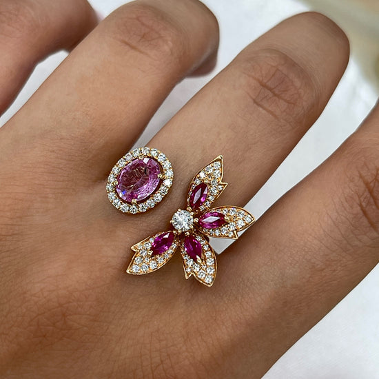 18K Rose Gold Natural Pink Sapphire and Diamond Open Statement Ring/ statement ring/ fancy diamond ring/ natural pink sapphire and diamond/ Oval Pink Sapphire ring/ Engagement Ring/ Fancy Diamond Ring/ Mon and Sun Ring/ Star Diamond Ring 