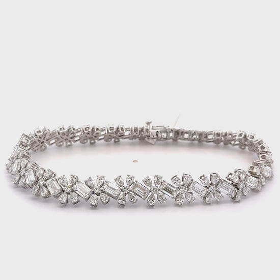 14K Solid White Gold Lab Grown Diamond Emerald Cut, Pear Shaped and Round Cluster Bracelet 